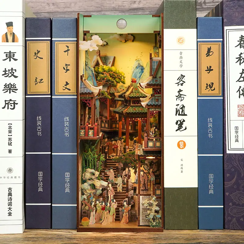 DIY Book Nook Insert Kits Wooden Miniature Building Kit Chinese Ancient View Song Dynasty Bookend Bookshelf Home Decor Gifts