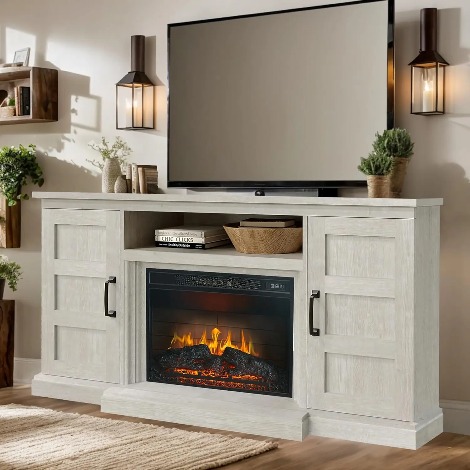 59 Inch TV Stand with 3D Fireplace, Modern Media Entertainment Center for TVs up to 65 Inch,Highboy, White