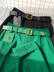 Summer Women's Pants High Waisted Solid Harlan Pants Green Belt Straight Cropped Pants Casual Fashion Suit Women's Clothing 2024