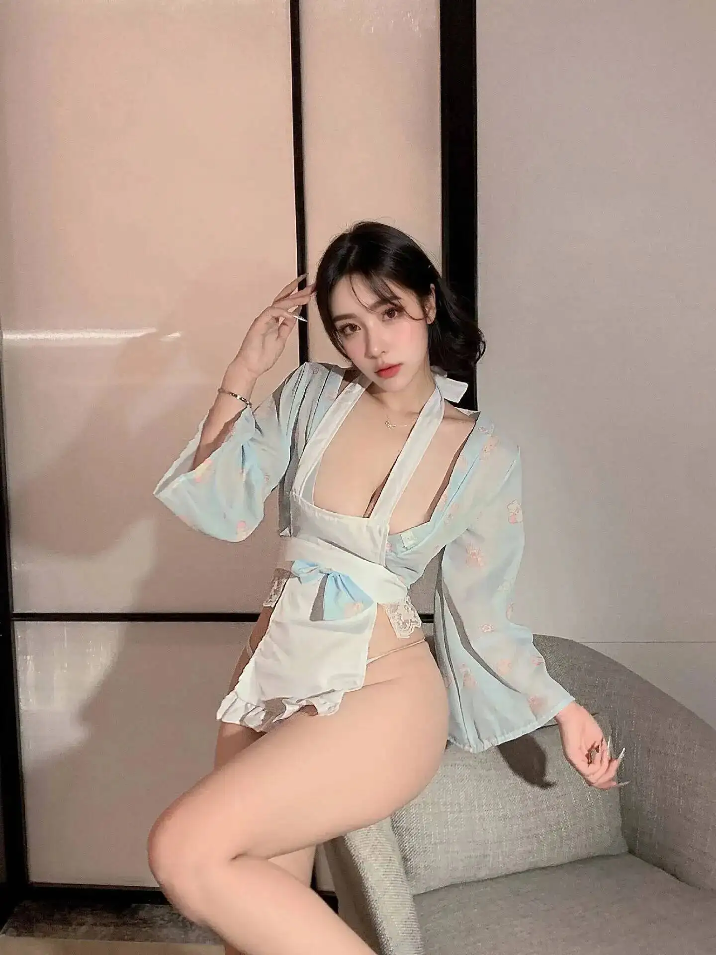 여성을위한 섹시한 달콤한 순수한 욕망 드레스 우아한 하녀 투명한 리본 매듭 긴 소매 레이스 트림 하녀 앞치마 드레스 매력적인 2FB3