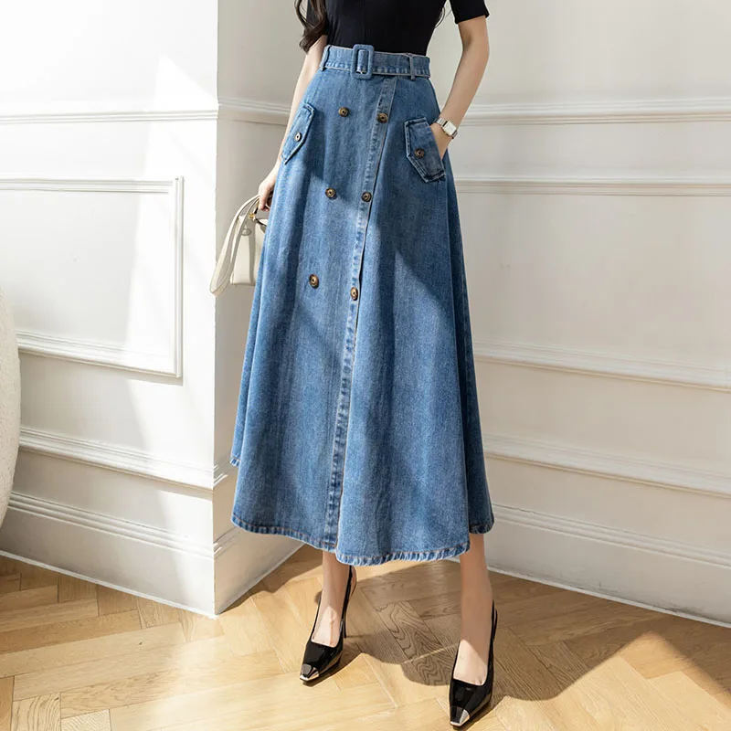 

Summer High Waisted Split Denim Skirt For Women Oversized Fashion Casual Blue Dress Spring Slim Hip Wrapped A-line Long Skirts