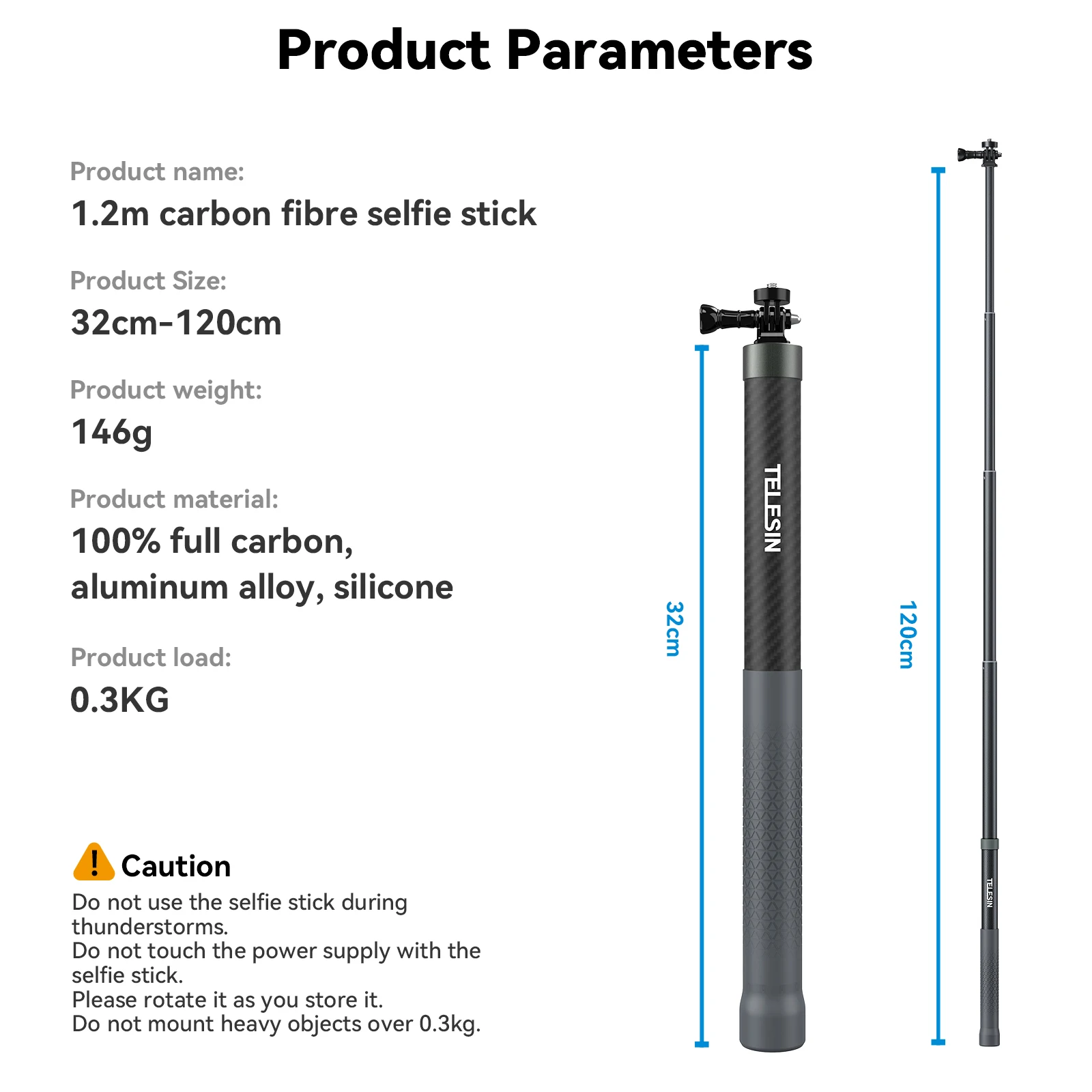 TELESIN 1.2M 3M Koolstofvezel Selfie Stick Monopod Uitschuifbaar Met 1/4 Schroef Voor GoPro Insta360 Osmo Action DJI actie Camera