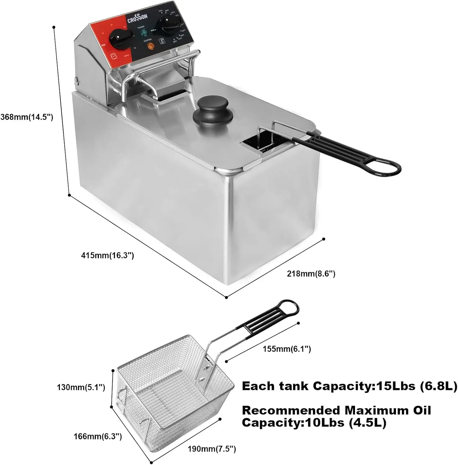 Crosson หม้อทอดไฟฟ้า10Lbs พร้อมหัวทอดหมุนทำความสะอาดง่ายตั้งเวลา30นาทีถอดได้304ถังน้ำมัน SS