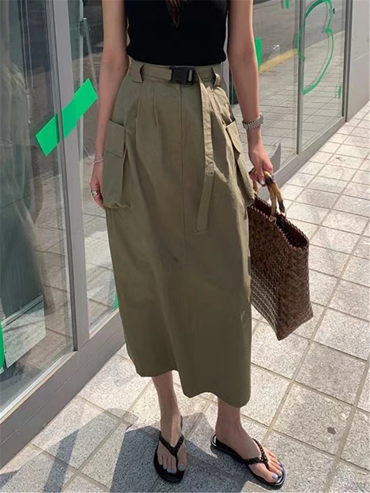 REALEFT Spring Summer Women's Cargo A-Line Skirts with Belted 2023 New Solid Fashionable Pockets Casual High Waist Skirts