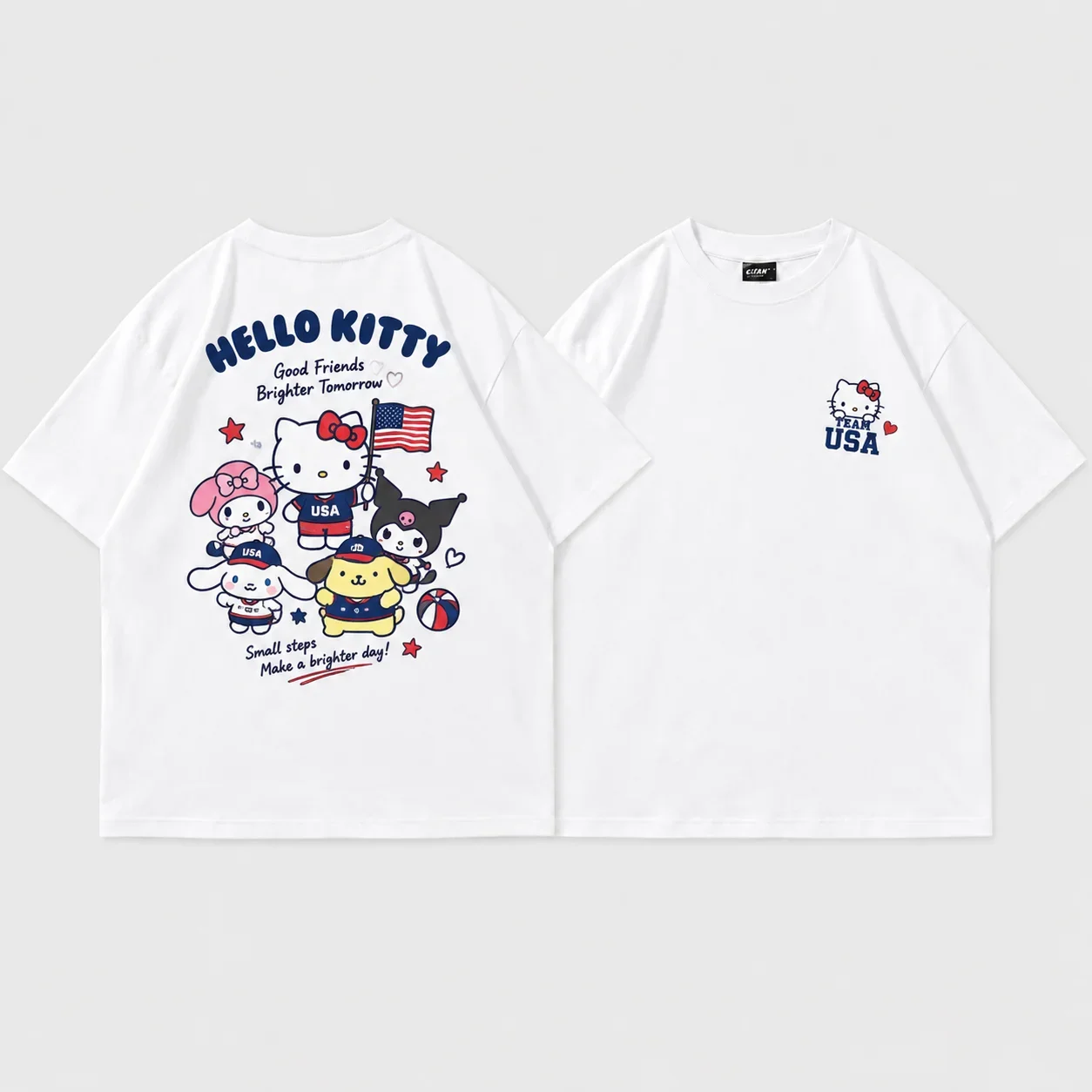White Tee Men's Women's Sanrio Hello Kitty USA Parent Child Retro Cool Graphic Art Print Oversized Short Sleeve Streetwear Top