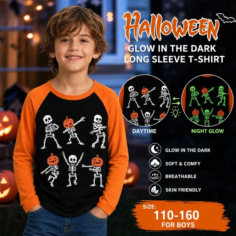 Little Hand Kids Halloween Pumpkin Skeleton Shirts Boys Girls Glow in the Dark Raglan Long Sleeve Tops for 4-11 Years