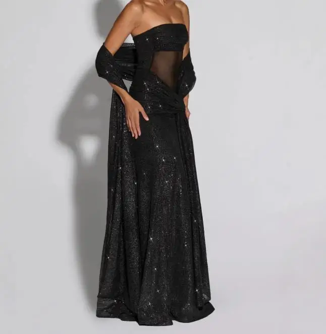 Sommer Neuer eleganter und modischer unregelmäßiger Pailletten-trägerloser Band-langer Rock mit transparentem, durchsichtigem Patchwork-trägerlosem Kleid