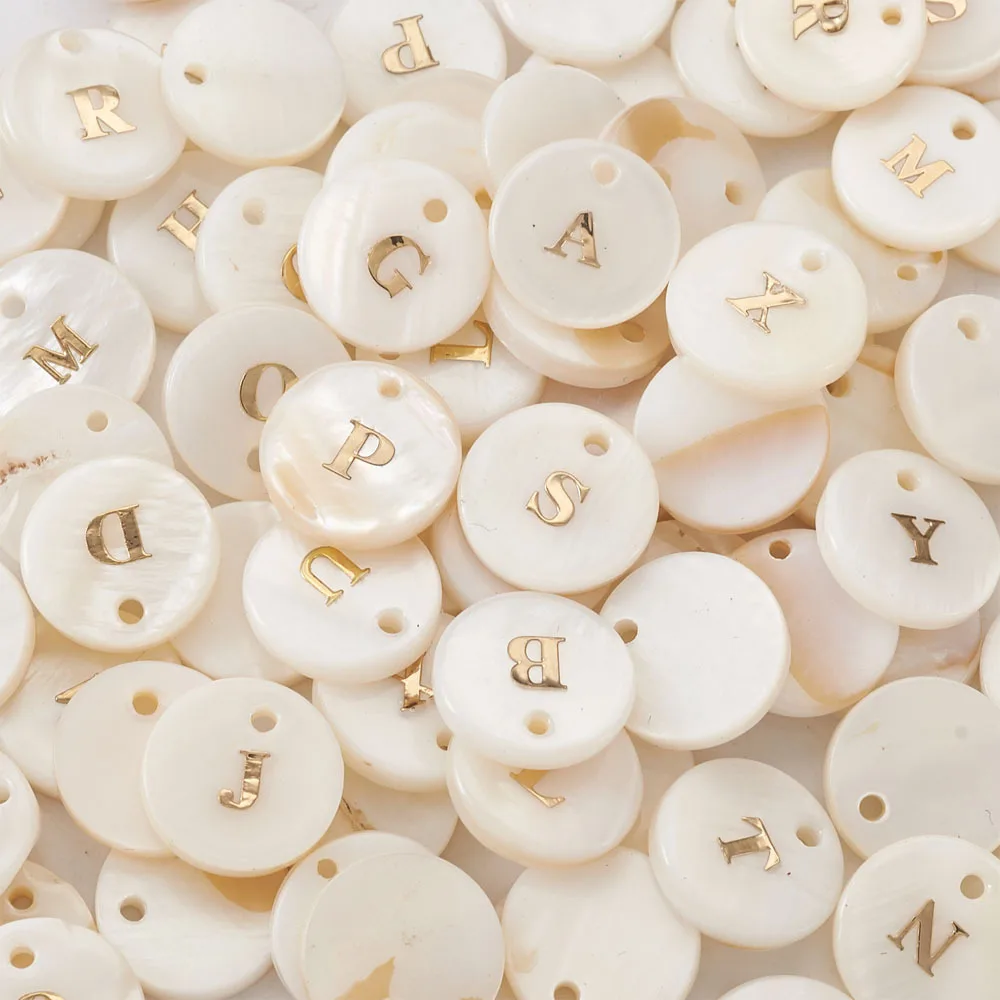 200pcs Freshwater Shell 26 Letter A~Z Charms Pendant Flat Round with Golden Letter For DIY Earring Bracelet Necklace Craft Decor