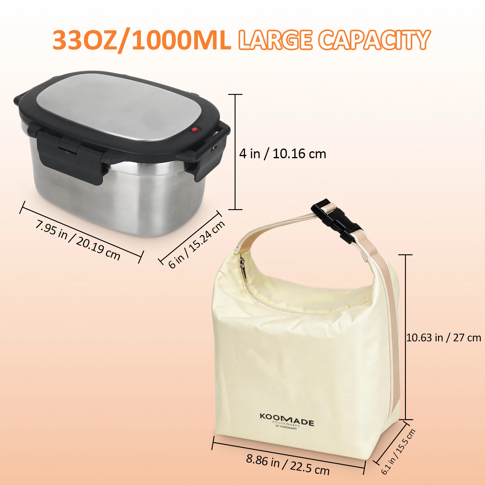 KOOMADE 33OZ 1000ML Vacuum Insulated Lunch Box Double Wall 304 Stainless Steel Bento Box with Divider & Thermal Bag Keep Warm 4H Cold 8H Leakproof Portable Food Container for Office School Picnic
