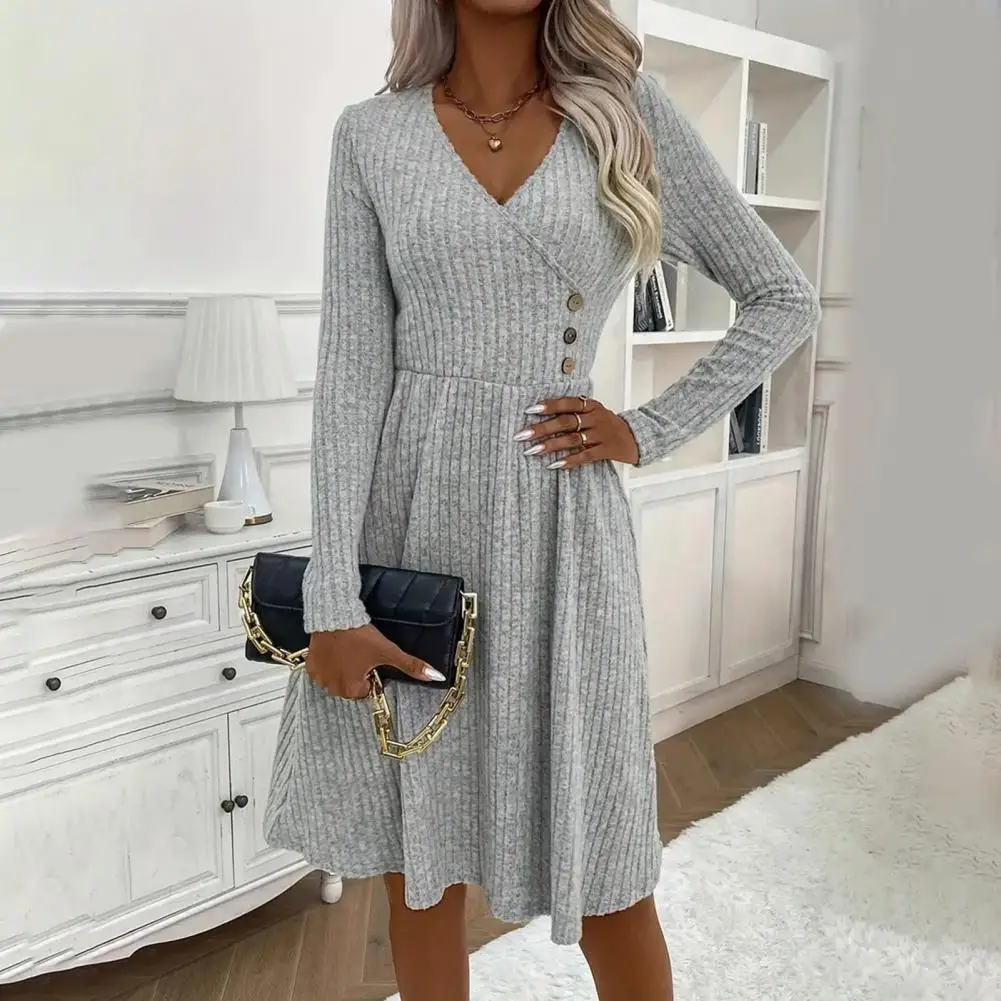 

Flowing Hem Dress Women High Waist Dress Elegant V Neck Sweater Dress with Button Decor A-line Silhouette for Autumn Winter