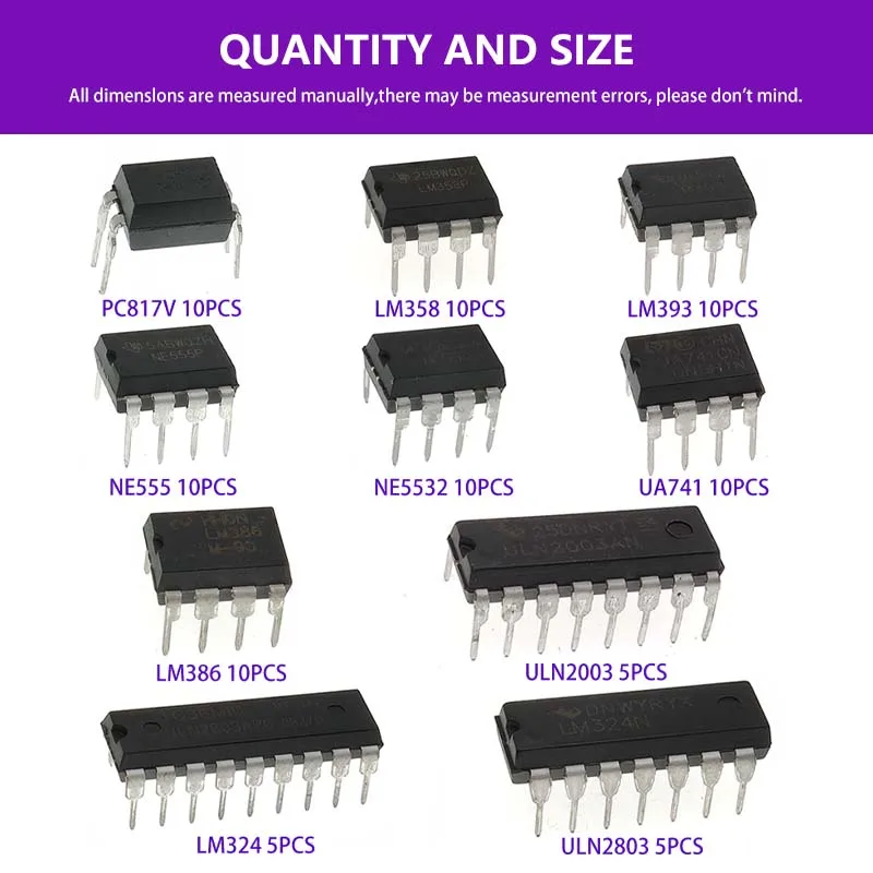 85 قطعة NE555 LM324 LM393 UA741 ULN2803 LM358 LM386 NE5532 ULN2003 PC817 10 أنواع الدوائر المتكاملة DIP IC مجموعة رقاقات