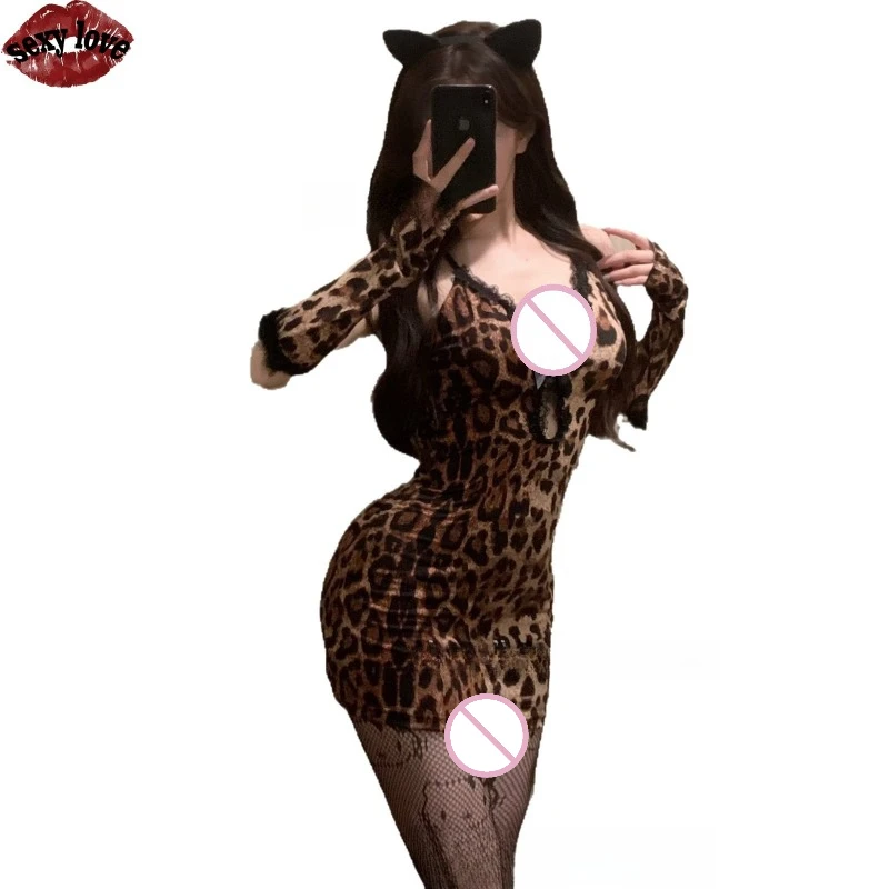 새로운 귀여운 레오파드 패턴 화려한 섹시한 장식용 리본 액세서리 가방 힙 슬리핑 스커트 여성 섹시 란제리 세트