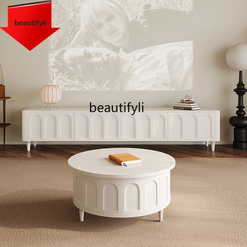 

K185 French Style TV Cabinet and Tea Table Combination Living Room Solid Wood Cream Style TV Stand