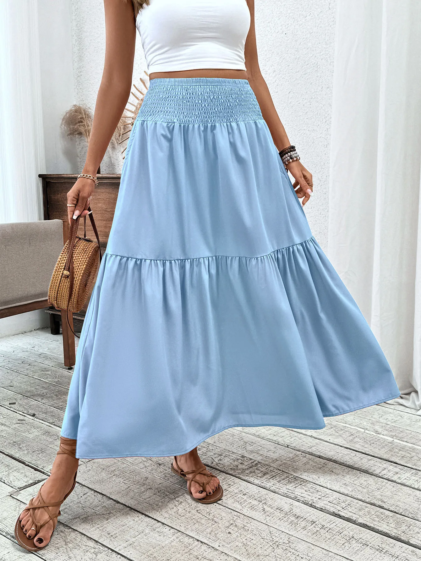 Women's Boho Floral Print Skirt Vintage High Waist Maxi Skirts Summer Casual Loose Beach Skirt Elegant Ladies Flowy Ruffle Skirt