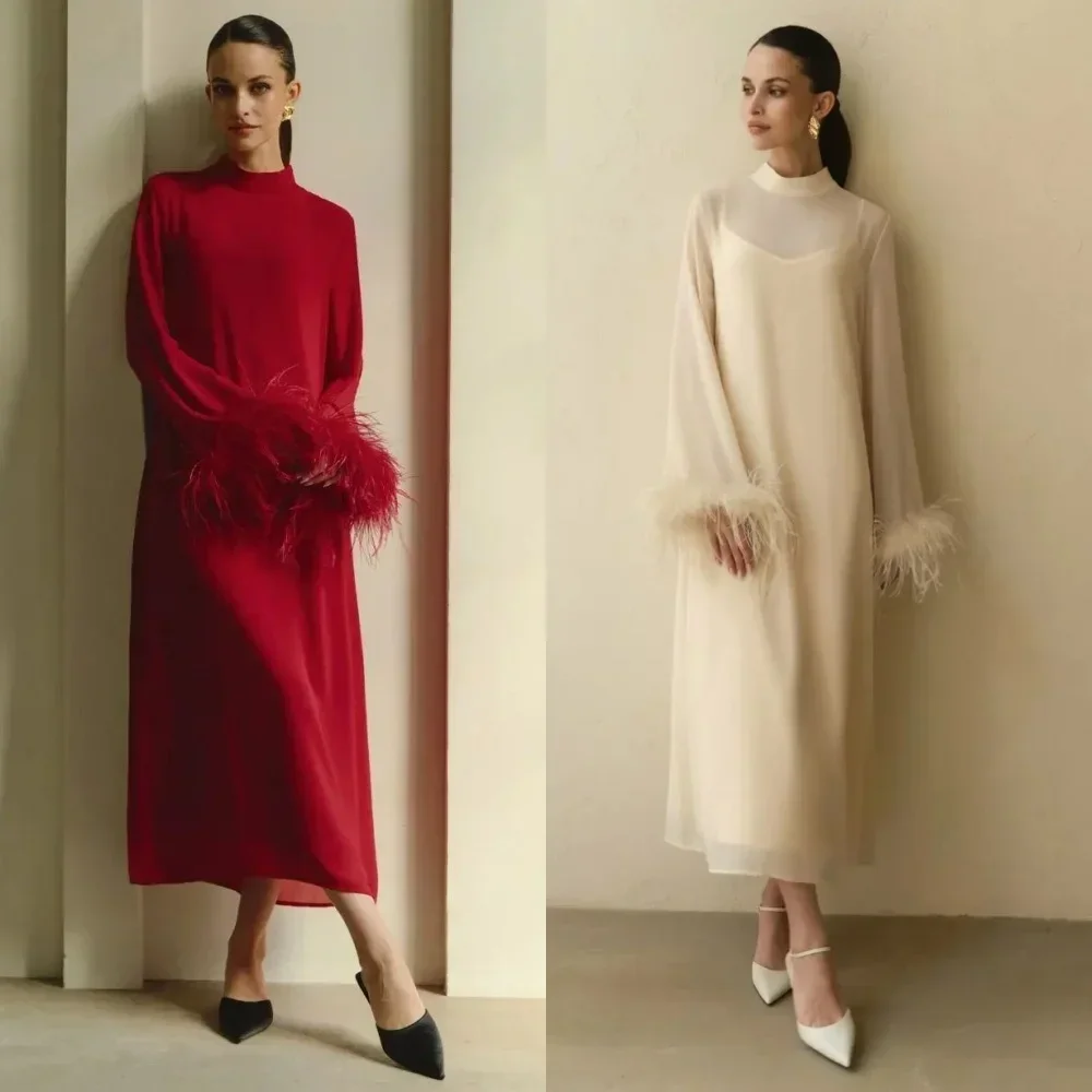 JDY Personalizzato Squisito Chiffon Piuma Pieghettato Tubo Dritto O-Collo Abito Midi Abito da Cocktail Moderno Stile Pastorale Cinese