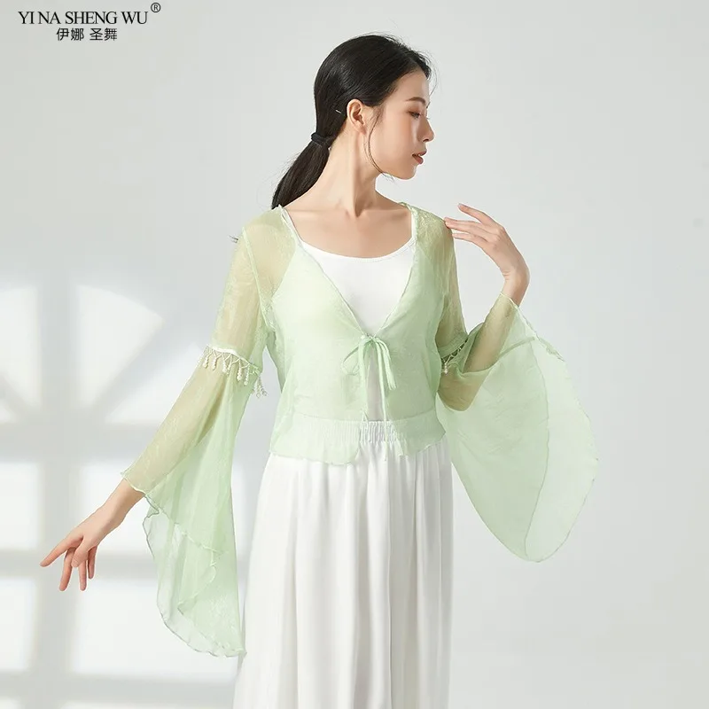 Classical Dance Top Women\'s Gauze Clothing Chinese Folk Dance Practice Costume Horn Sleeve Cardigan Elegant Performance Clothes