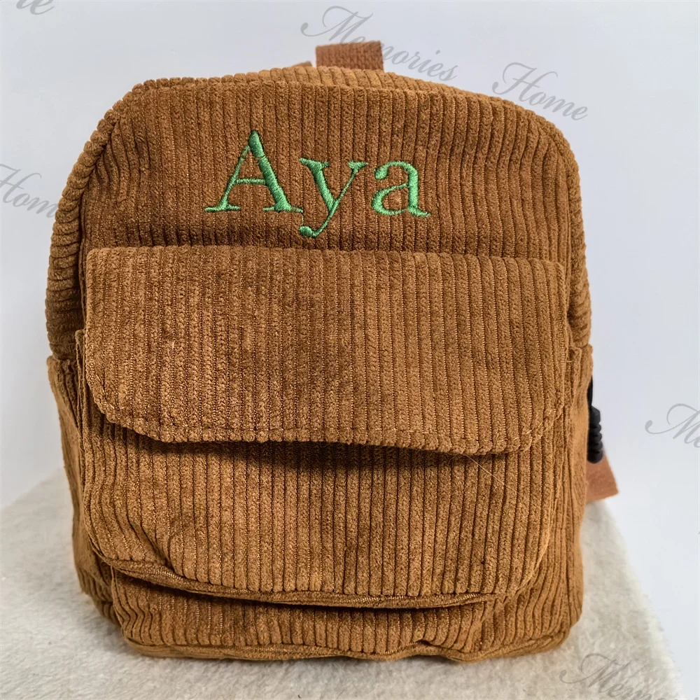 19x19cm Women\'s Mini Backpack Personalized Name Girls Simple Small Corduroy Travelling Bag Custom Embroidered Name Gift Bag