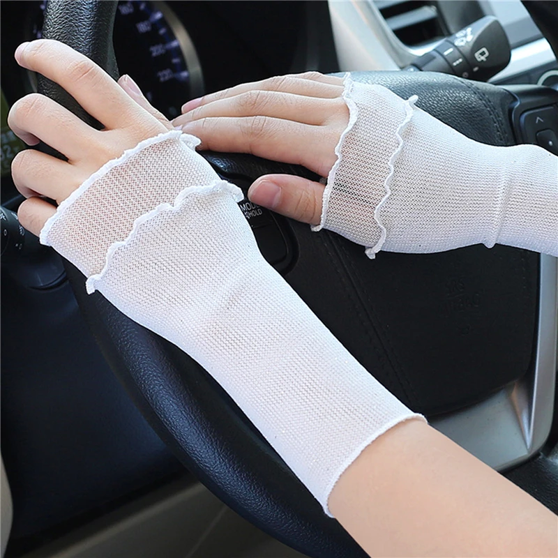 Women Summer Short Sun-protective Sleeve Sweet Fingerless Gloves Breathable Arm Warmer Lady Thin Lace Cuffs Sunscreen Uv Mittens