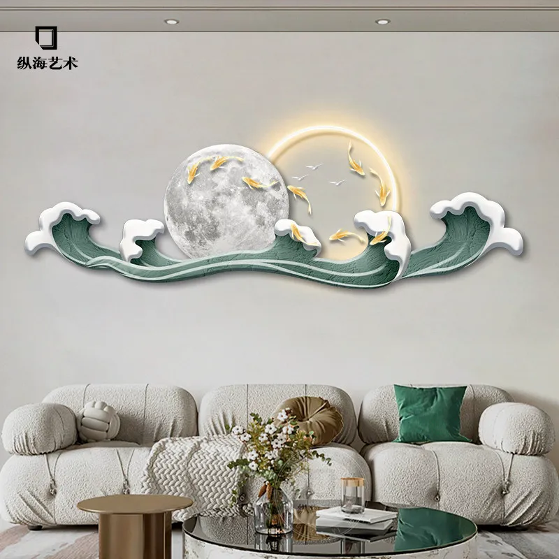 Nine Fish Picture Living Room Decoration Painting High End LED Luminous Wall Light Lunar Wave Mural