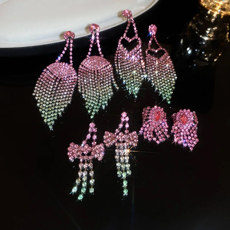 Light luxury gradual change diamond-encrusted love bow fringed silver needle earrings, niche high-end temperament earrings