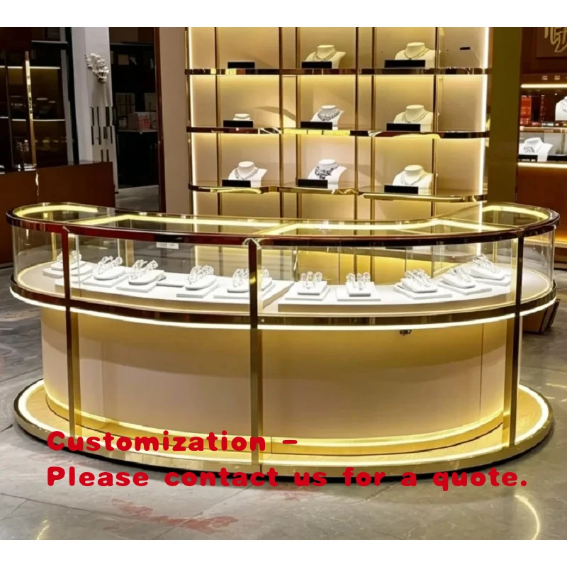 

custom.Luxury Champagne Gold Curved Jewelry Display Counter, Modern Irregular Showcase with LED Lighting & Glass Top