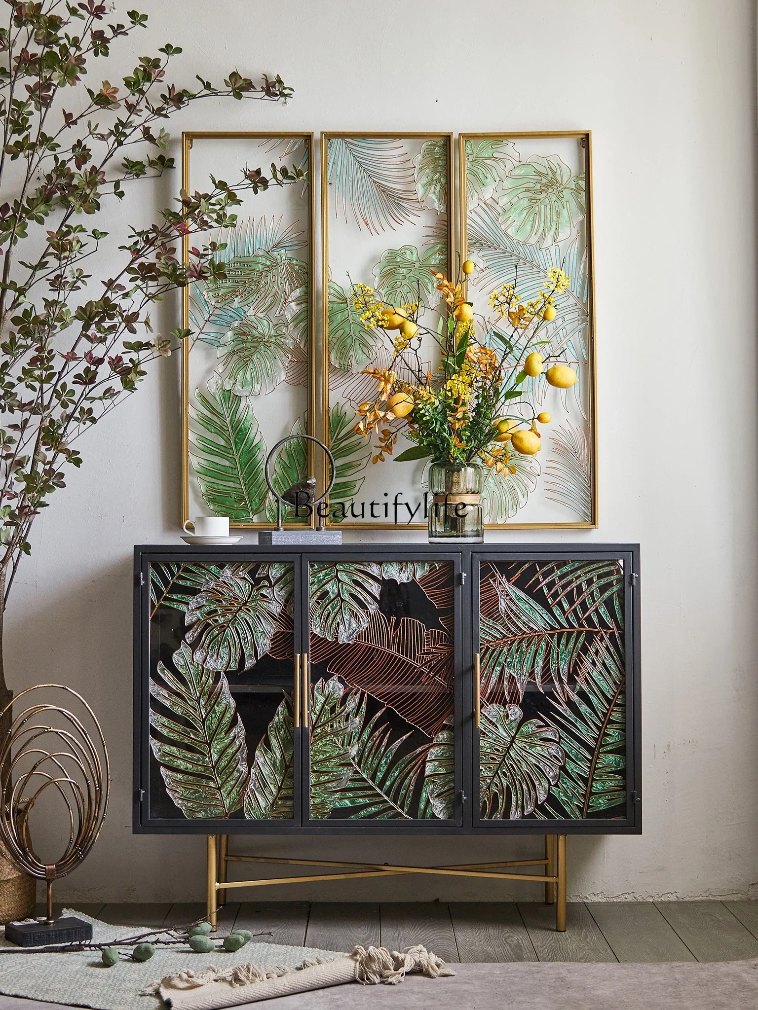 

FG11Nordic Iron Hallway Curio Cabinet Living Room Wall Glass Door Painted Storage Locker