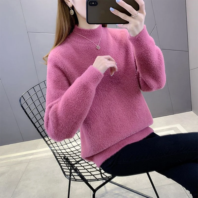 Fluffy Soft Thick Warm Half High Collar Knitted Sweater for Women Autumn Winter Korean Style Solid Long Sleeve Pullovers Jumpers