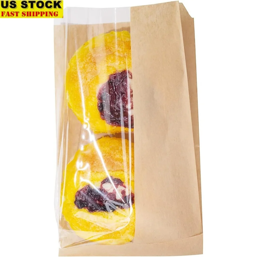 

Disposable Paper Snack Bags with Side Window 100 Count Kraft Bread Packaging Bags Treats Freshness Display