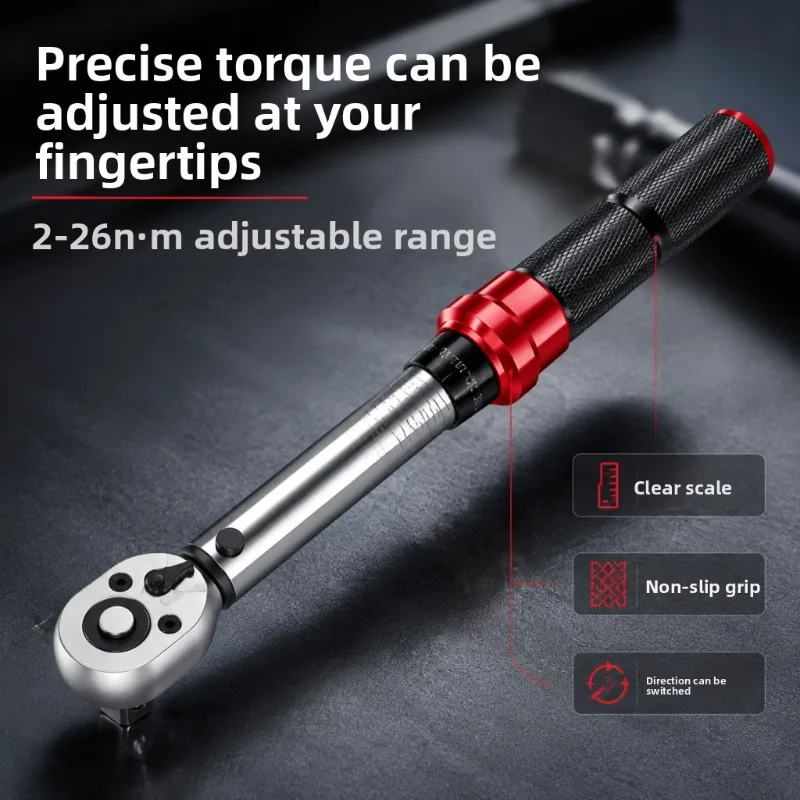 1/4-Inch Adjustable Torque Wrench, 2-26 Nm, ±4% Accuracy, Scale and Window Display, Ratchet Head, for Tires anRed and Black,