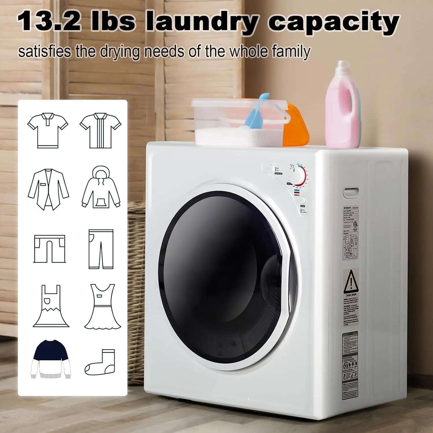 Compact Laundry Dryer, 2.6 cu ft Front Load Stainless Steel Clothes Dryers with Exhaust Pipe, 1400W, Control Panel Four-F