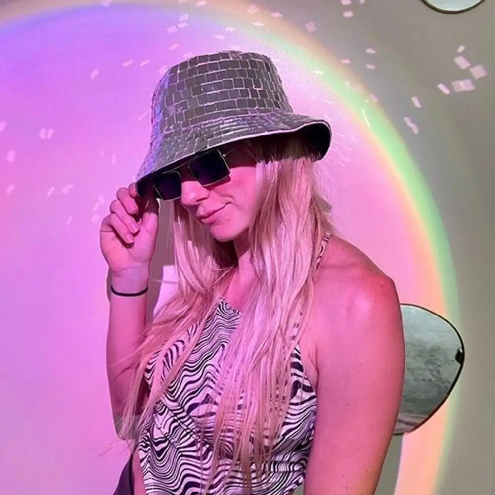 تألق مرآة عاكسة دلو قبعة ديسكو نمط صياد قبعة المهرجانات أعياد الميلاد ليلة نادي قبعة حفلة الإكسسوارات