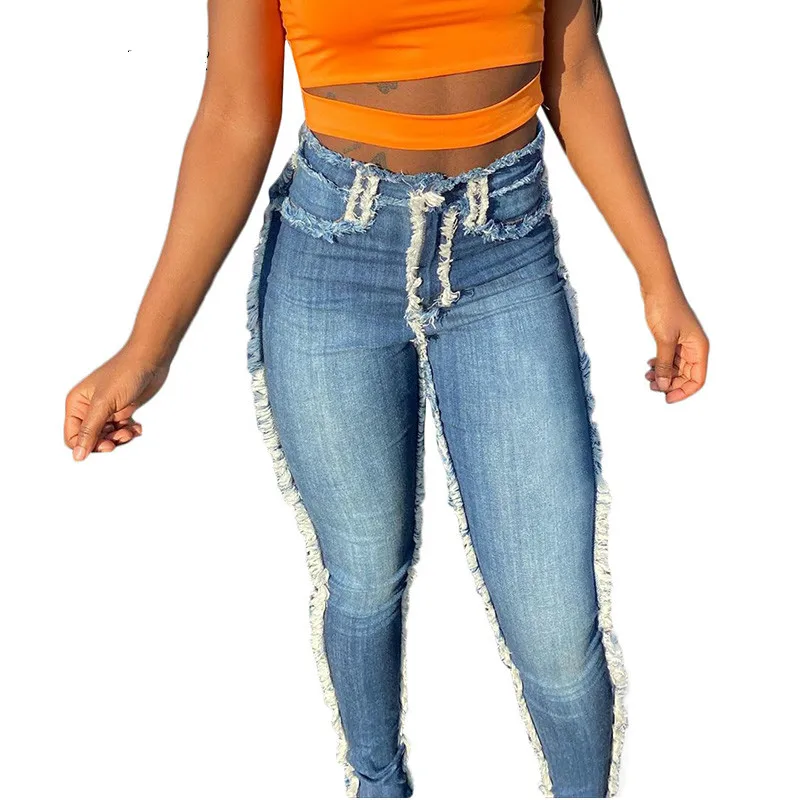 Dames Witte Wollen Effen Jeans Met Franjes Sexy Patchwork Potlood Voeten Jeans Zakbroek Hoge Taille Geborsteld Slanke Broek Plus Size