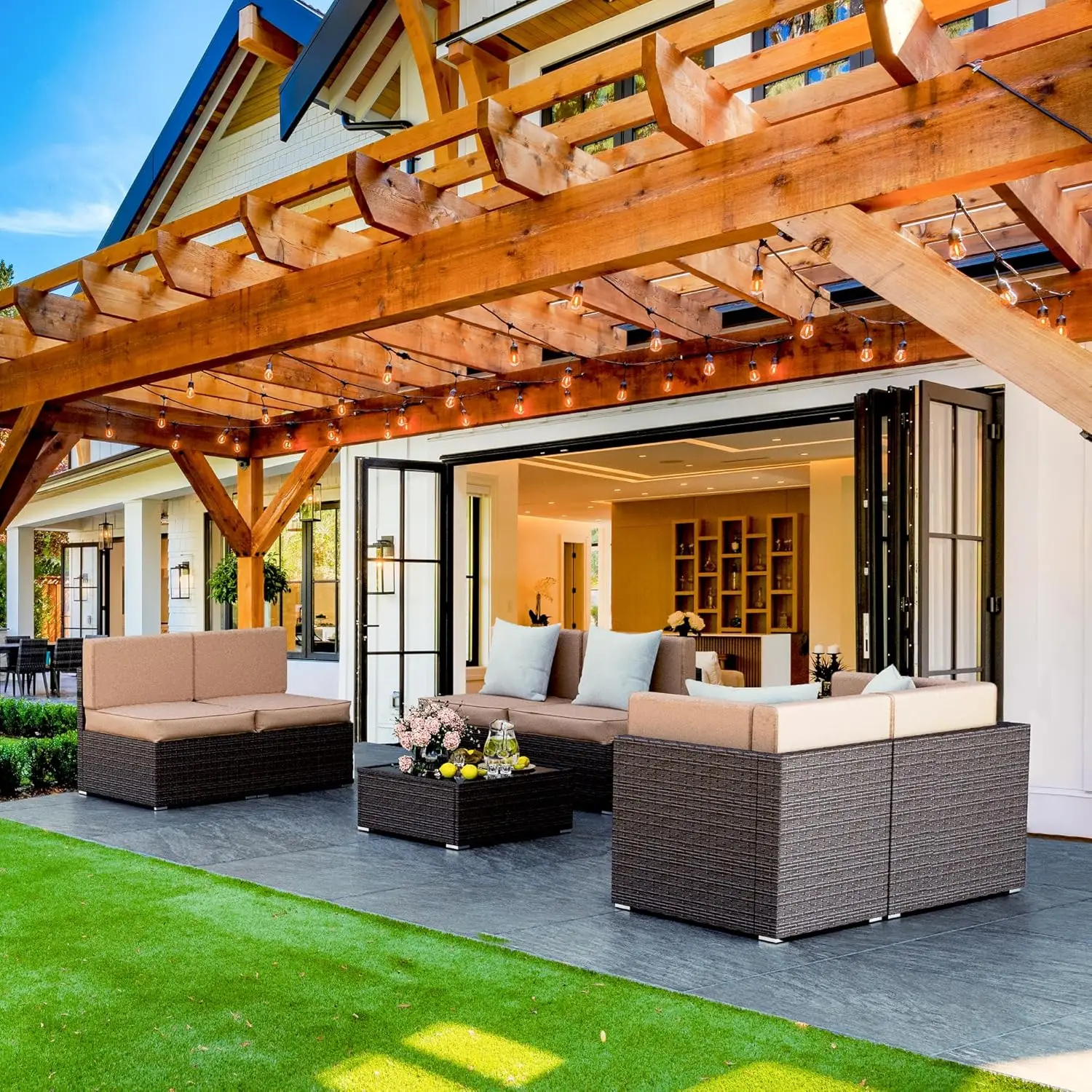 

Комплект мебели для патио, 7-секционный модульный секционный диван для улицы, секционный диван для патио, диван из ротанга с журнальным столиком a