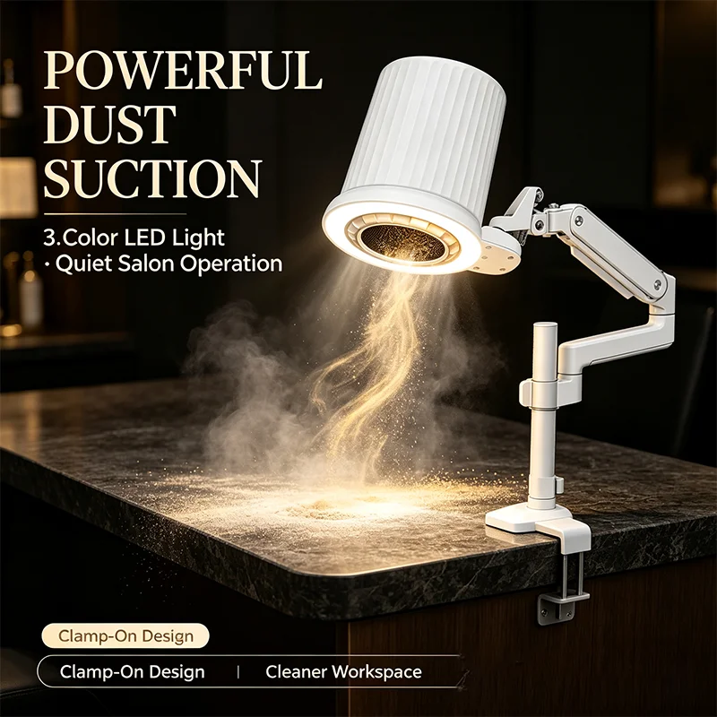 Professional Beauty Salon 2 In 1 Manicure Dust Collector LED Light Multi Angle Foldable Arm Low Noise Nail Dust Collector