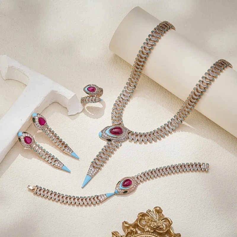 Vintage Necklace Bracelet Earrings Ring Inlay Cubic Zircon Synthetic Ruby Enamel Hollow Out Snake Snakelike Party Jewelry Sets