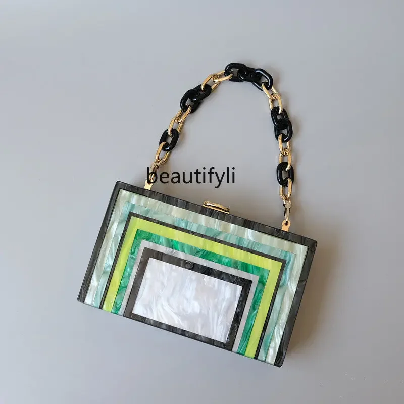 zqEuropean and American Acrylic Green Striped Contrast Color Dinner Bag Stitching Shoulder Crossbody Wedding Clutch