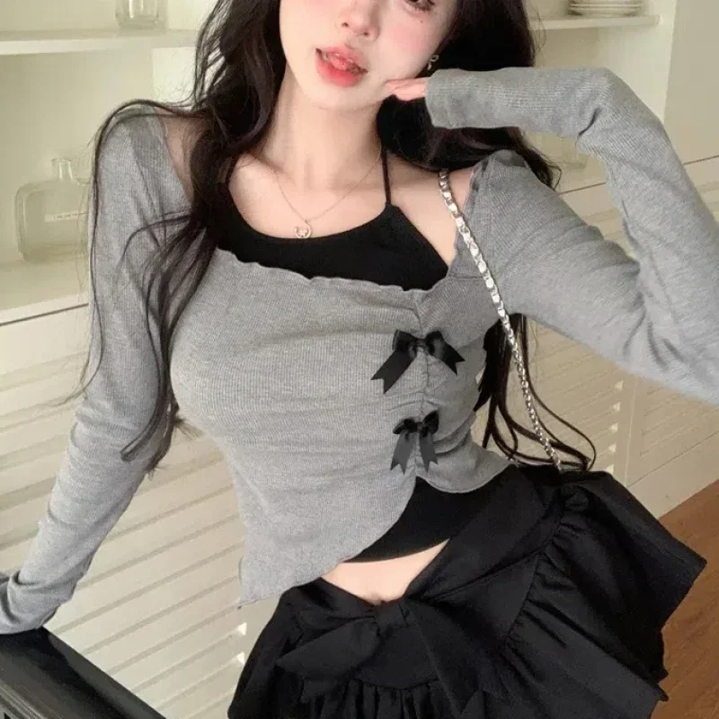 

Kawaii Sexy Fake Two Pieces Set Women Halter Top Japan Fashion Slim Crop Tops Female Sweet Ruched Y2k Streetwear Tees 2025 New