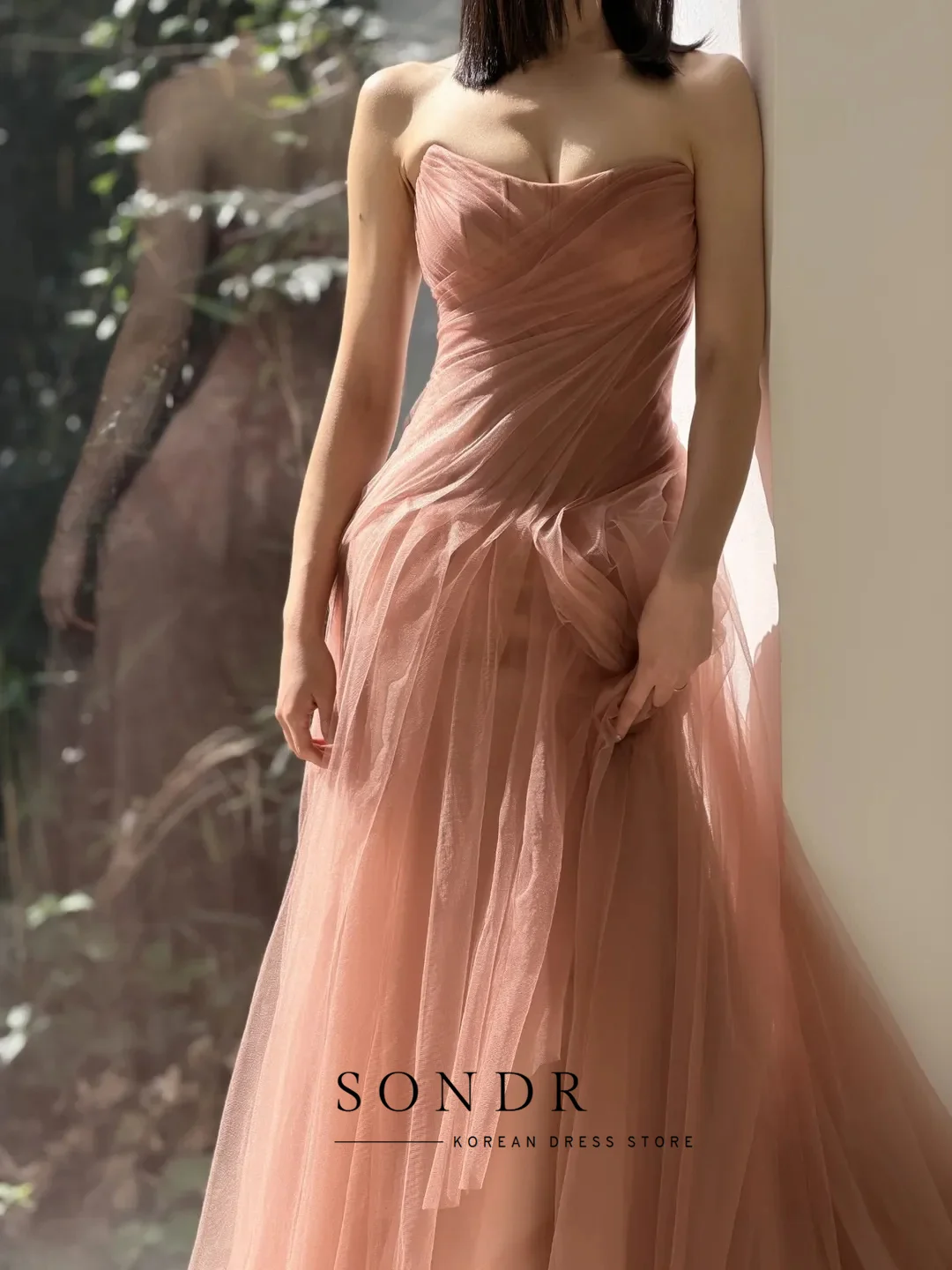 Sondr 캐러멜 우아한 한국 웨딩 파티 드레스 신부를 위한 맞춤형 A라인 스트랩리스 튤 이브닝 드레스 셀프 웨딩 가운