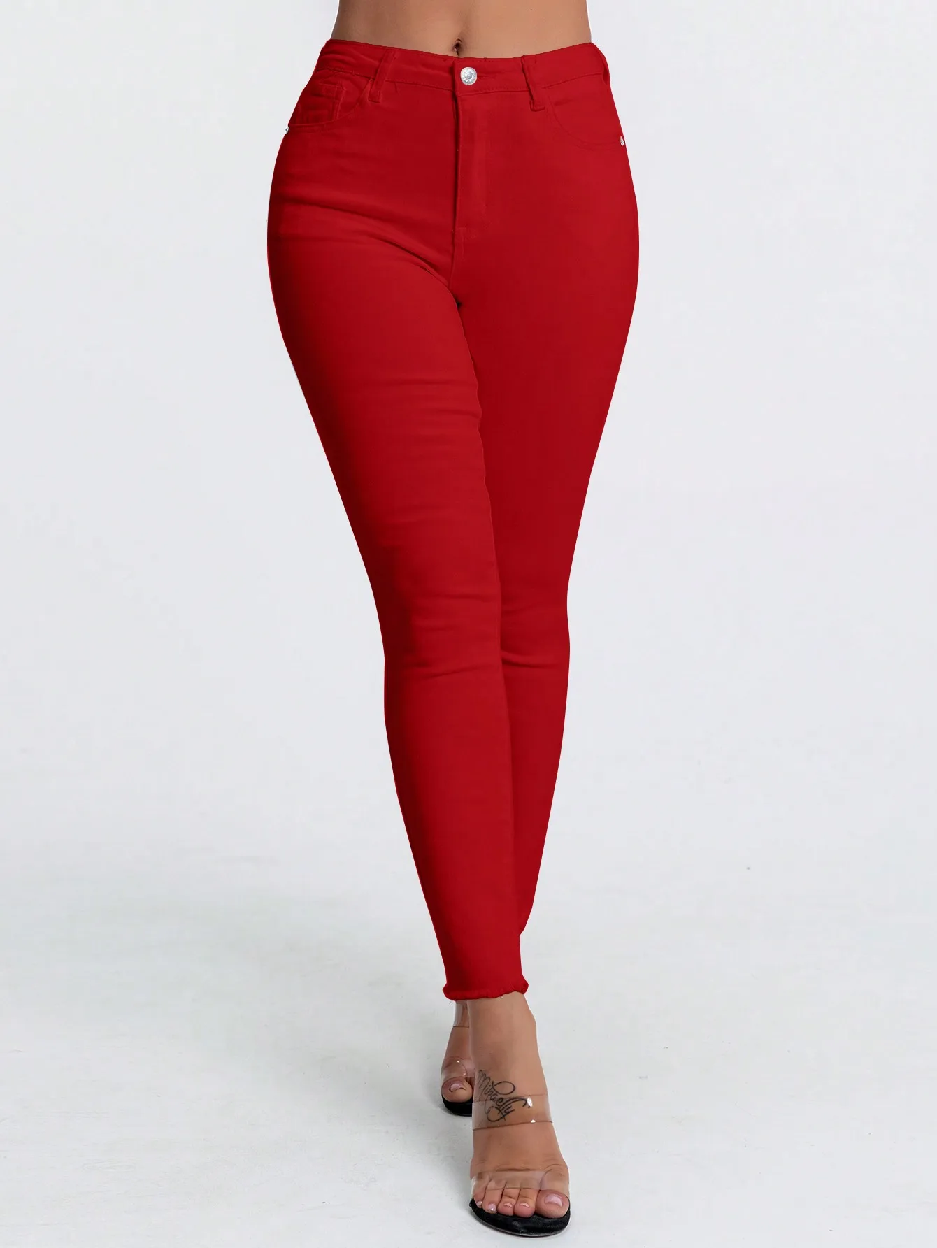 

Женские джинсы с высокой талией, красные, облегающие, с карманами, повседневные, эластичные