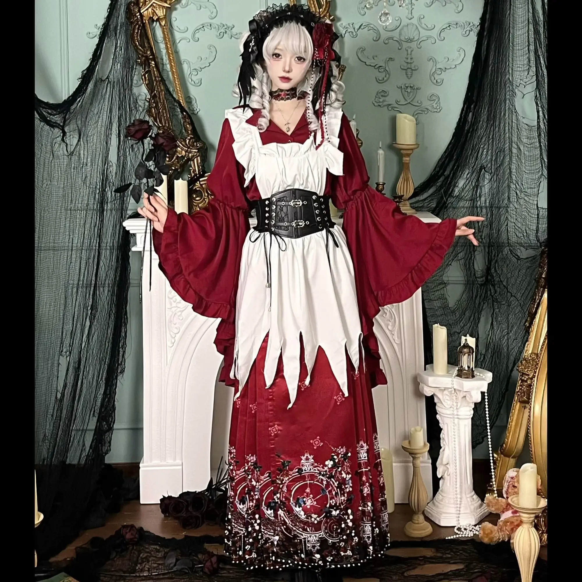 

Spring Autumn Original Gothic Lolita 3-piece Set Chinese Dark Printed Horse Dress Irregular Apron Hanfu Daily Party Y2K Dress
