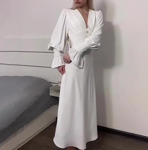 

Women's Autumn V-Neck Lantern Sleeve Long Skirt with A Slim Fit and High Waist Umbrella Skirt