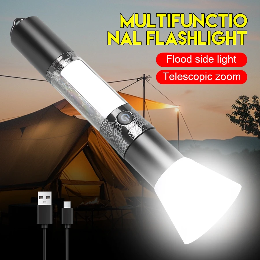 

High Power Telescopic Zoom Outdoor Camping Magnetic Flashlight With Window Breaker Seatbelt Cutte Emergency Hook Torch 9 Modes