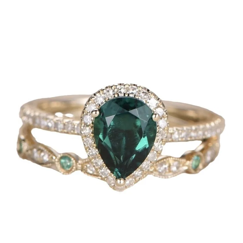 European and American fashionable and atmospheric water droplet zircon inlaid women\'s two-piece emerald ring set