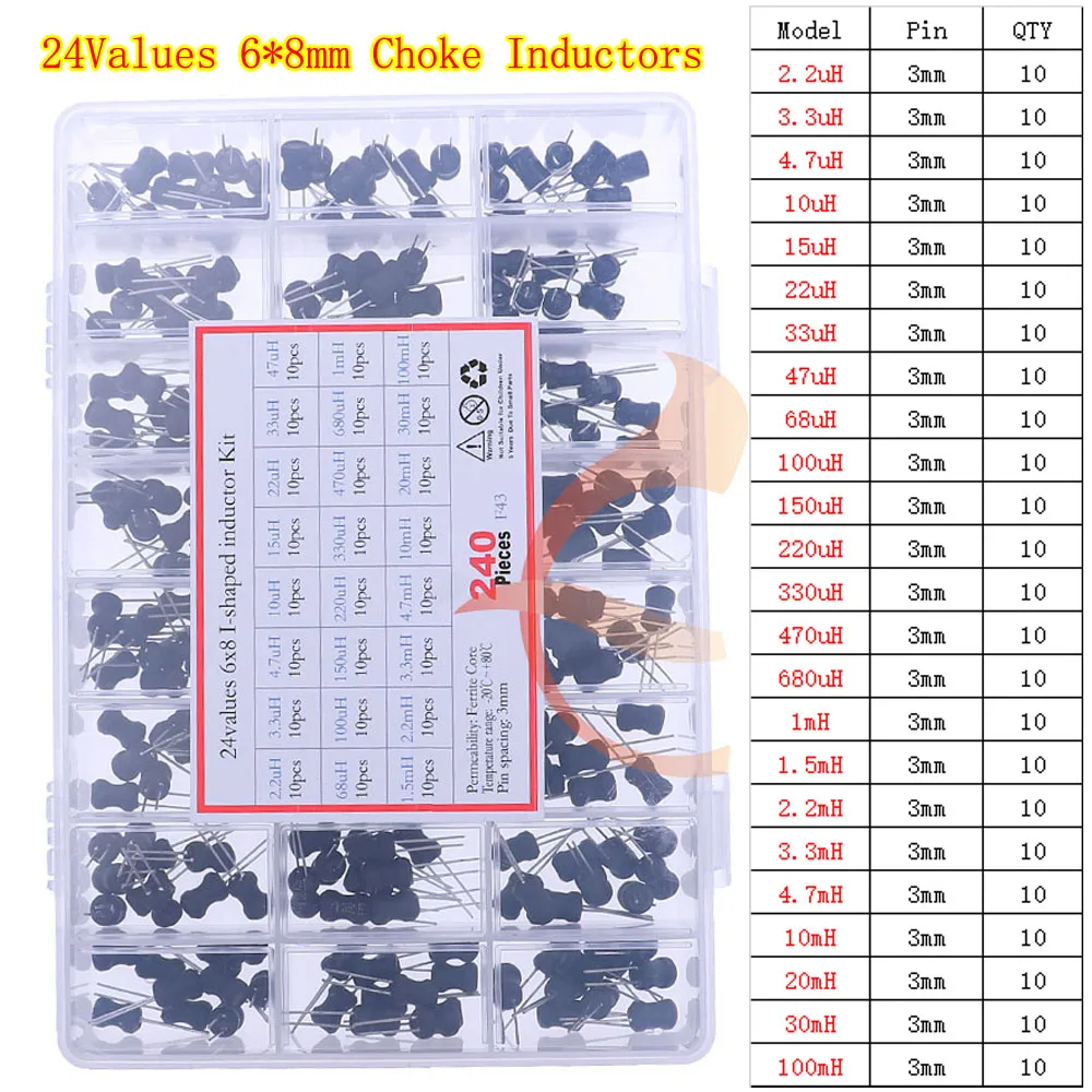 6x8 8x10 9x12 Zestaw cewek indukcyjnych w kształcie litery I 2,2/3,3/4,7/10/15/22/33/47/68/100/220/330/470/680uH/1mH/2,2/3,3/4,7/10/20/30/100mH