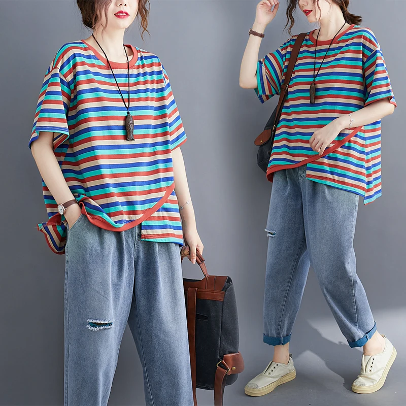 プラスサイズの女性の T-irt 韓国 Sle 夏カジュアルルーズスリムストライプラウンドネオート Sve トップお腹カバーコットン