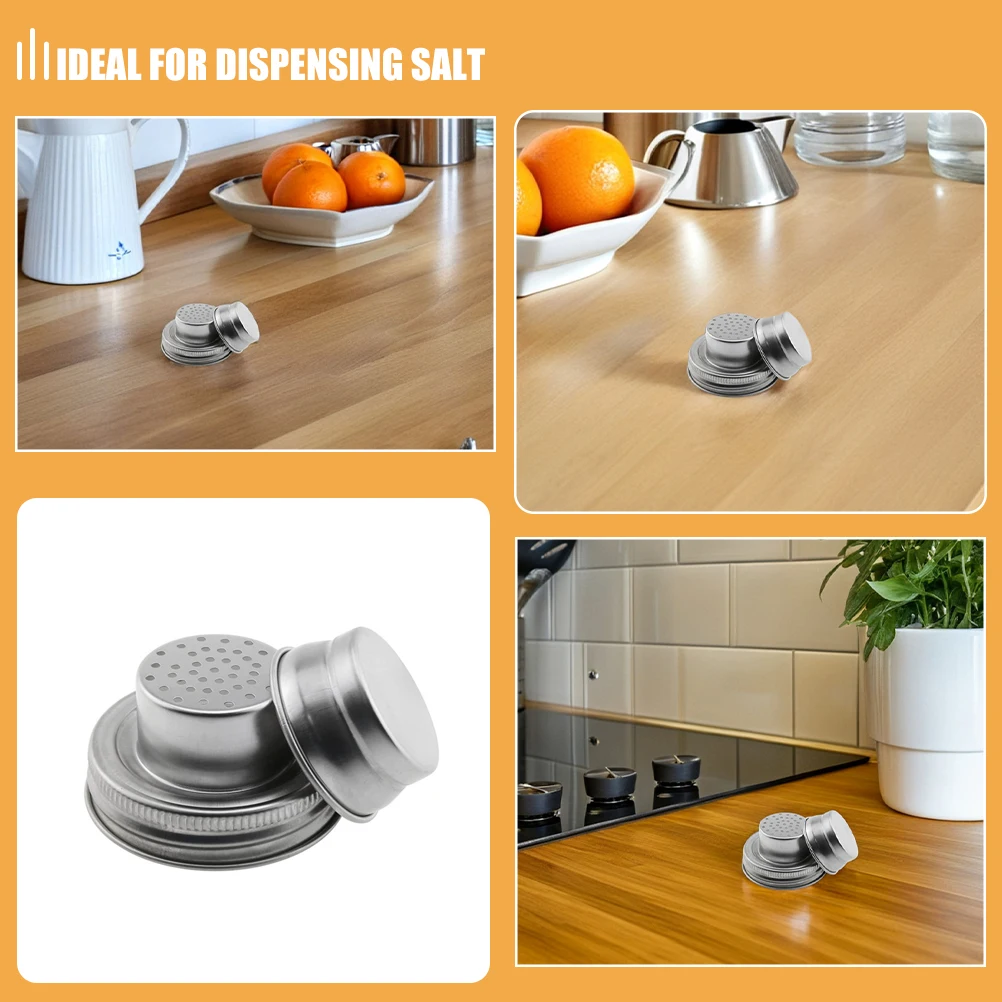 2Pcs Mason Jar Shaker Lids Stainless Steel Airtight Rubber Gasket Covers for Flour Spices Salt Pepper Seasoning Cocktail Mixers