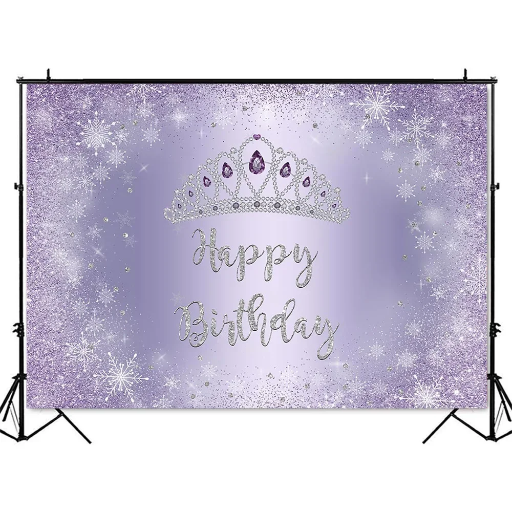 Purple Birthday Backdrop Winter Glitter Snowflake Photo Background Sliver Crown Princess Birthday Party Decoration Banner Props