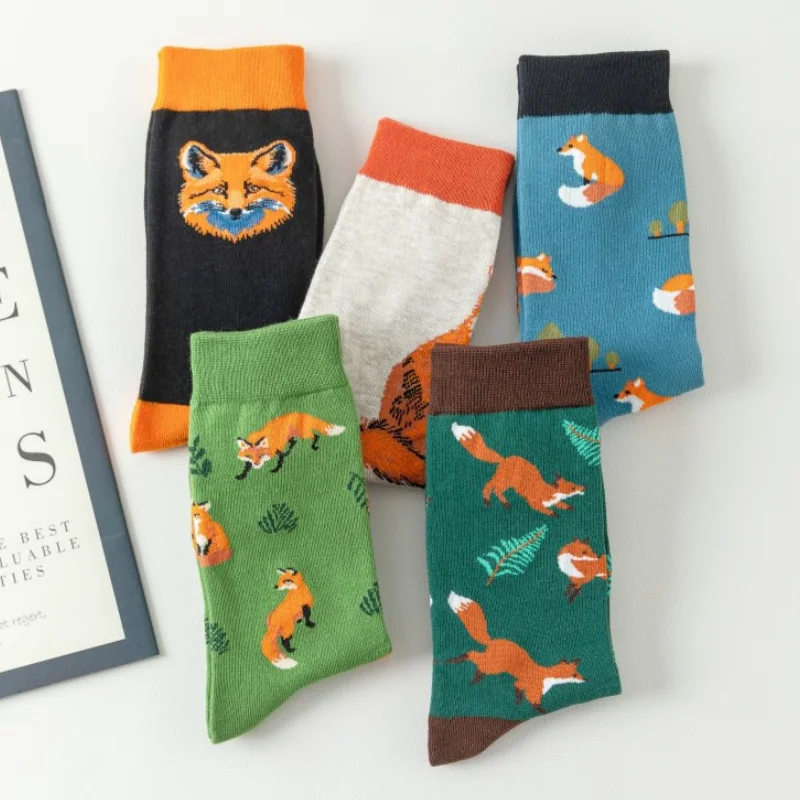 1 Pair Men\'s Mid-calf Socks With Cartoon Fox Pattern ，Fashionable Personality For Everyday