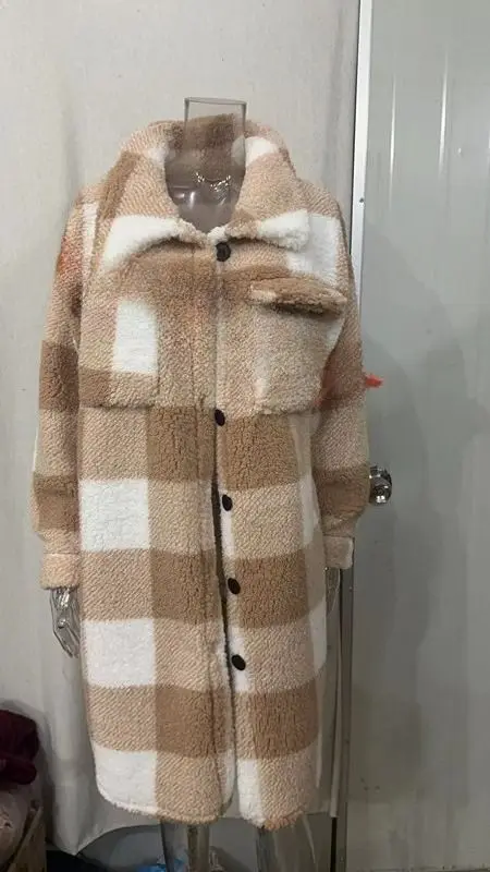 Fall/Winter Button-Open Collar Flared Fur Plaid Coat - Loose-Fitting Elegant Business Length Coat
