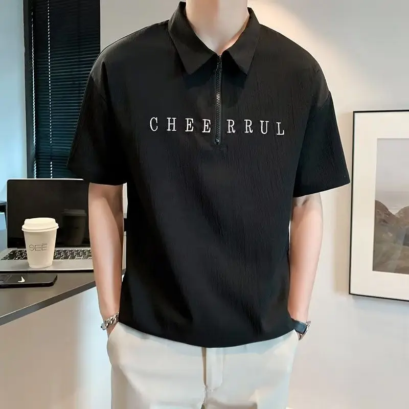 Men's Clothing Letter Basic T-shirts Chic Embroidery Summer Polo-Neck Zipper Casual Japan Style Short Sleeve Loose Polo Shirts